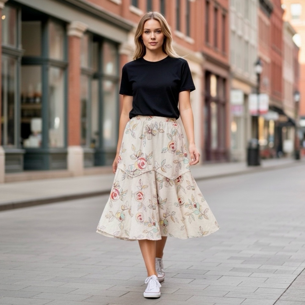 🌻TSD Two Star Dog Ivory Floral Bohemian Lagenlook Linen Midi Skirt Size Small